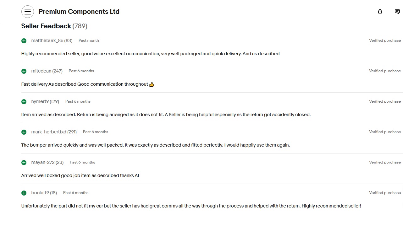 Premium Components Ltd eBay 100% positive customer feedback on bumpers